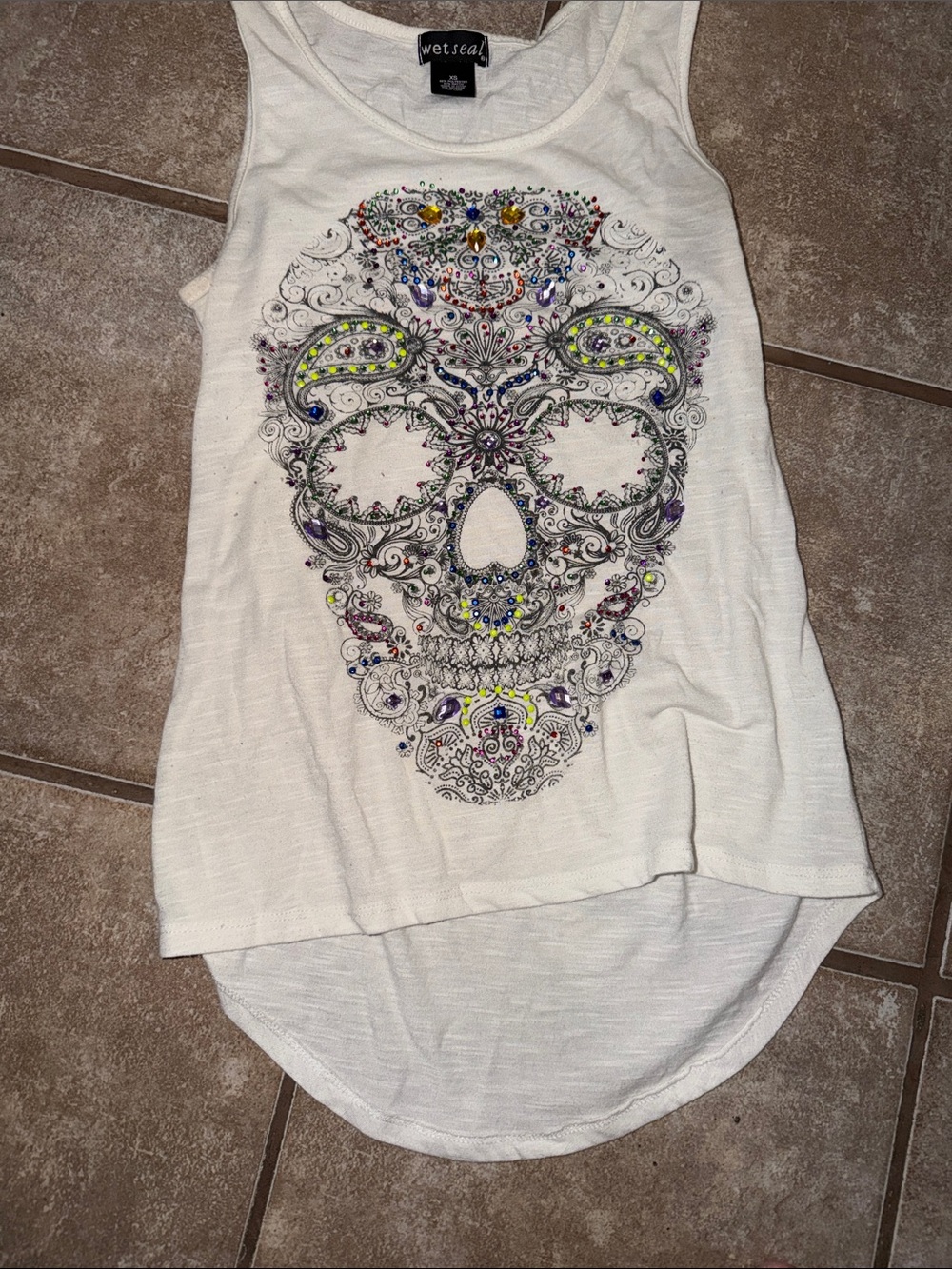 Wet Seal White Tank Top with Jeweled Sugar Skull